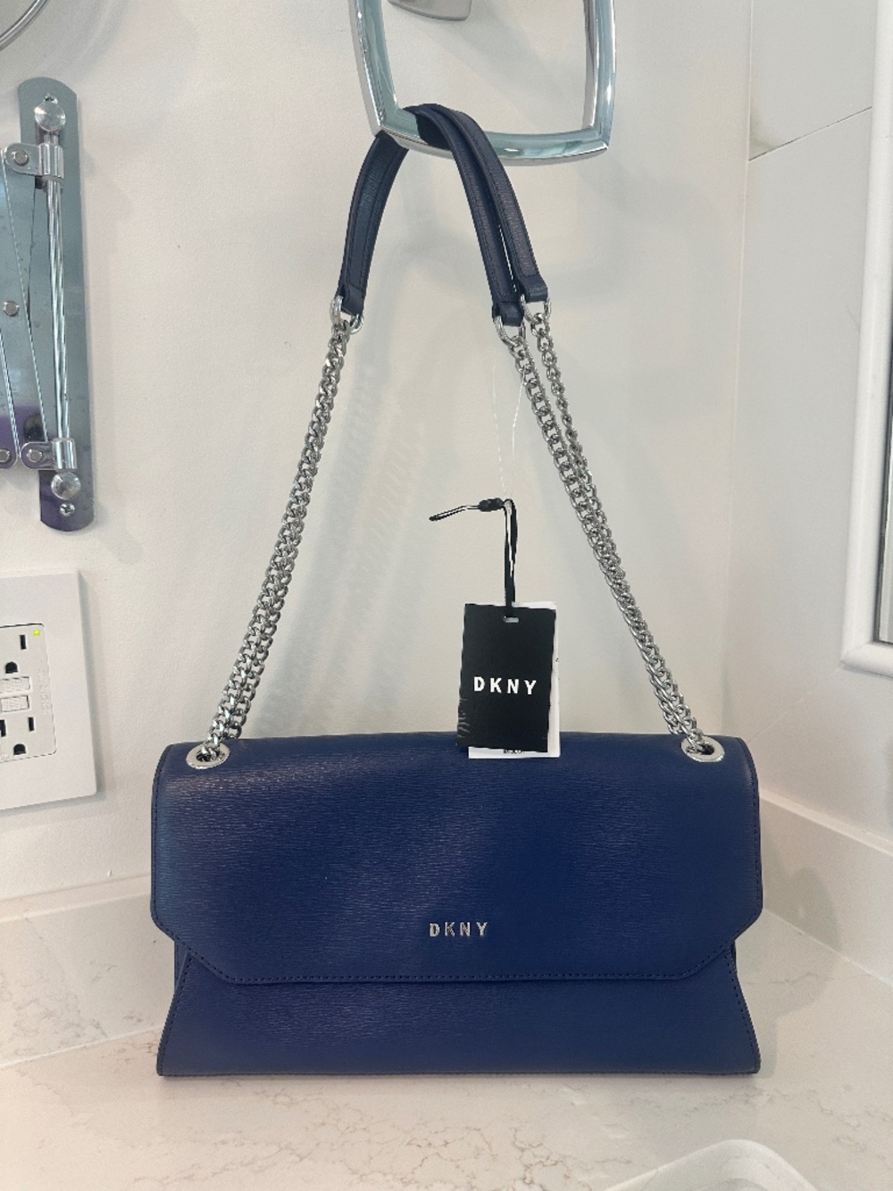 NWT DKNY Bryant Bag Crossbody, Handbag or Clutch LEATHER Navy Silver ($198.US)